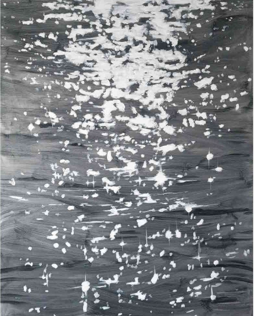 Silver Shine — grey and white painting of moonlight on the sea